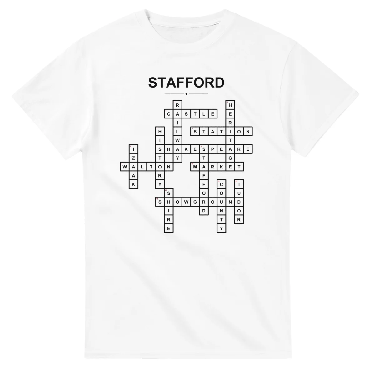 Monochrome crossword sheet for Stafford, with a large place-name heading, a letter grid, and numbered across and down clues.