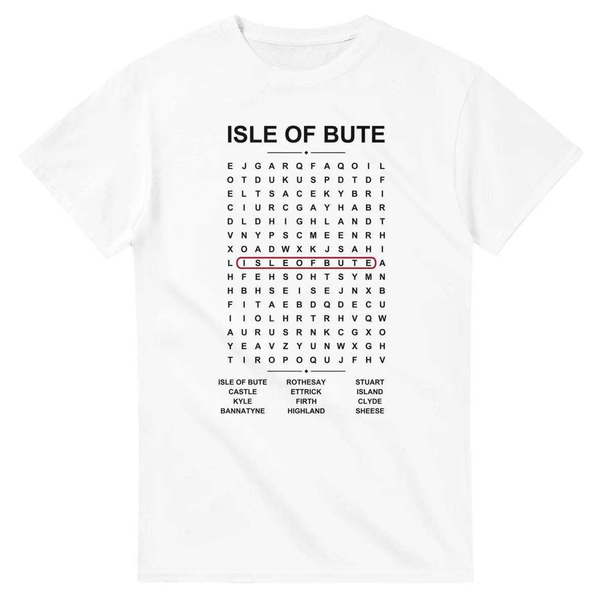 Word-search sheet for Isle of Bute, with a large place-name heading, a letter grid, a local answer list, and a red highlighted example word.
