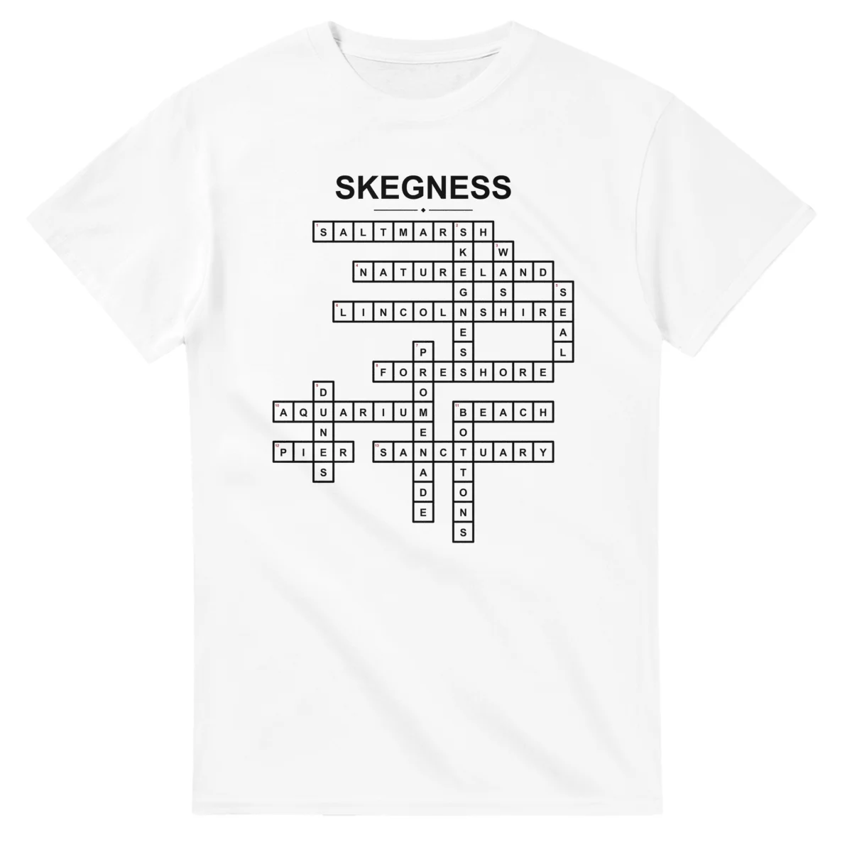 Monochrome crossword sheet for Skegness, with a large place-name heading, a letter grid, and numbered across and down clues.