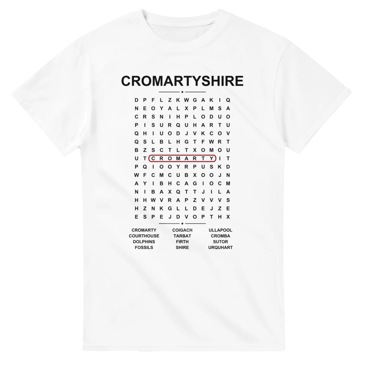 Word-search sheet for Cromartyshire, with a large place-name heading, a letter grid, a local answer list, and a red highlighted example word.