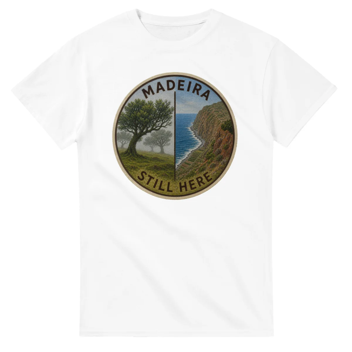 Painted, panelled scenic illustration for Madeira, with paired local scenes and the place name in lettering.