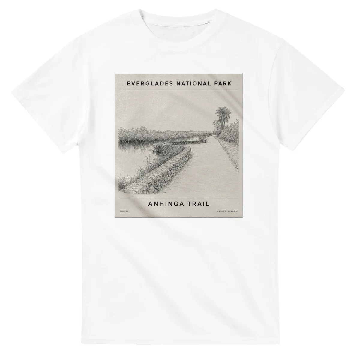 Fine-line engraving-style drawing for Everglades National Park, with a landmark caption and small coordinate text.