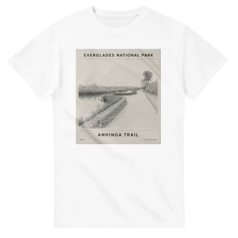 Fine-line engraving-style drawing for Everglades National Park, with a landmark caption and small coordinate text.