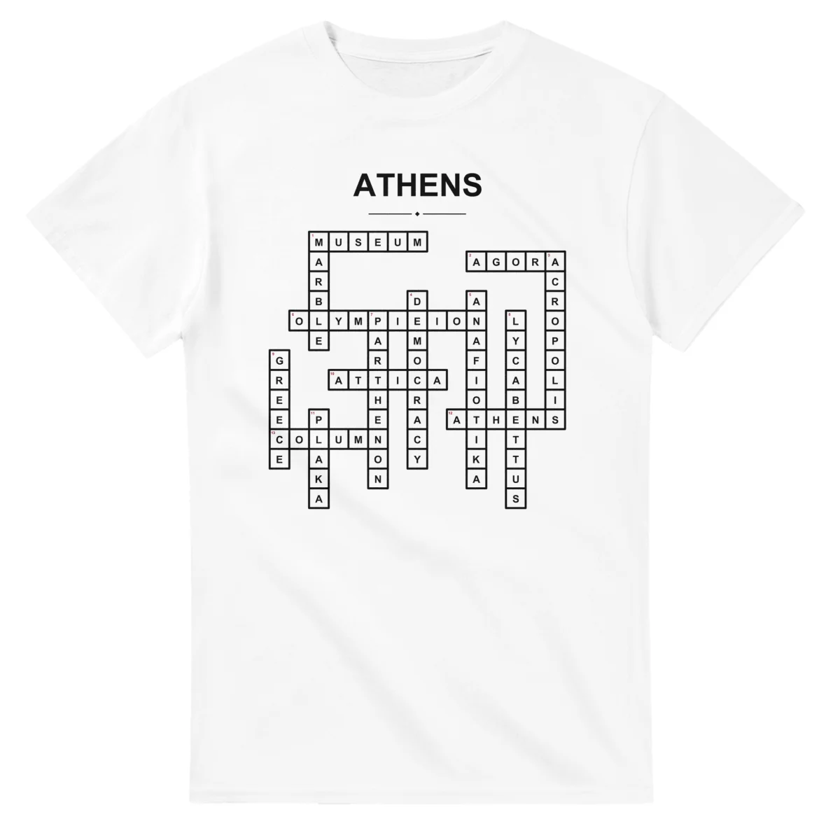 Monochrome crossword sheet for Athens, with a large place-name heading, a letter grid, and numbered across and down clues.
