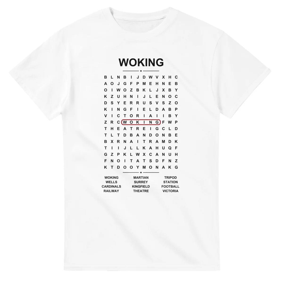 Word-search sheet for Woking, with a large place-name heading, a letter grid, a local answer list, and a red highlighted example word.
