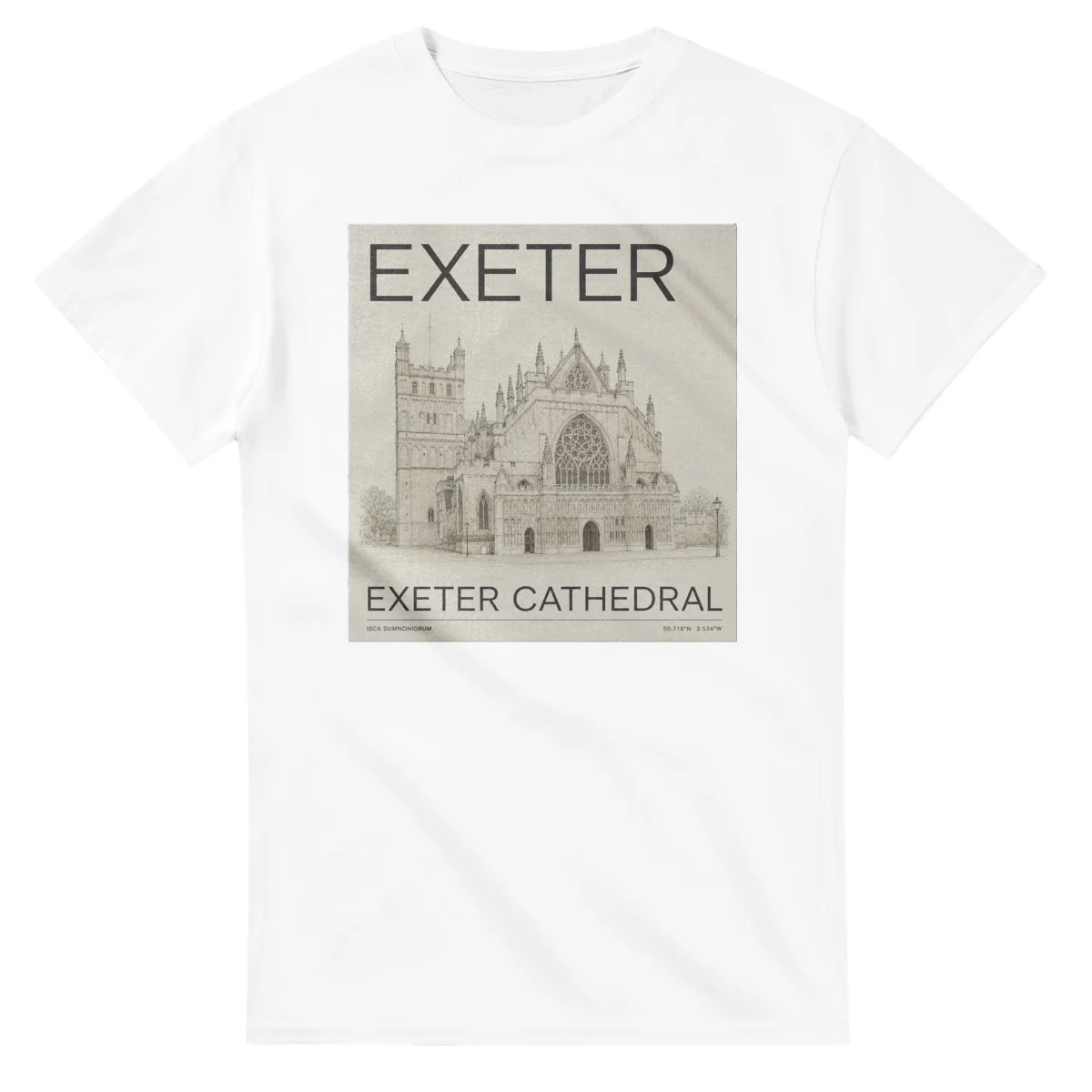 Fine-line engraving-style drawing for Exeter, with a landmark caption and small coordinate text.