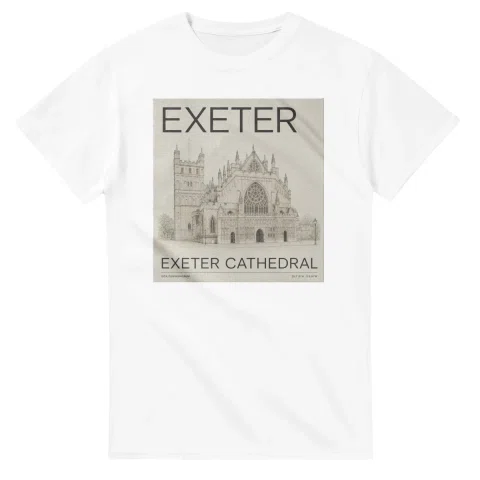 Fine-line engraving-style drawing for Exeter, with a landmark caption and small coordinate text.
