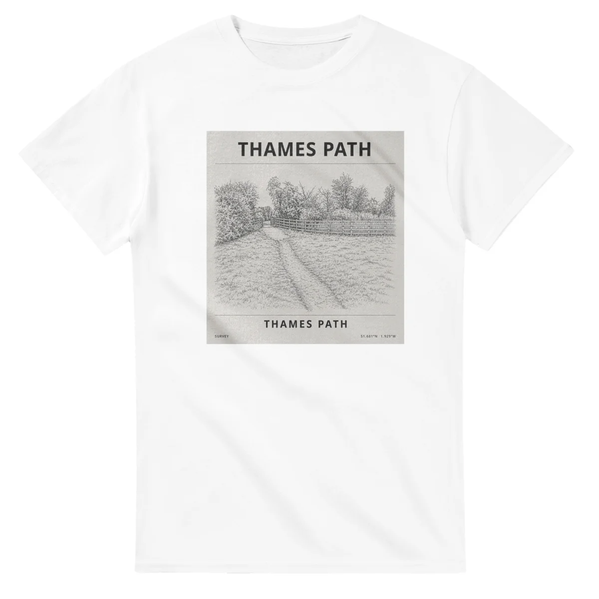 Fine-line engraving-style drawing for Thames Path, with a landmark caption and small coordinate text.