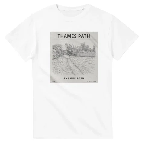 Fine-line engraving-style drawing for Thames Path, with a landmark caption and small coordinate text.