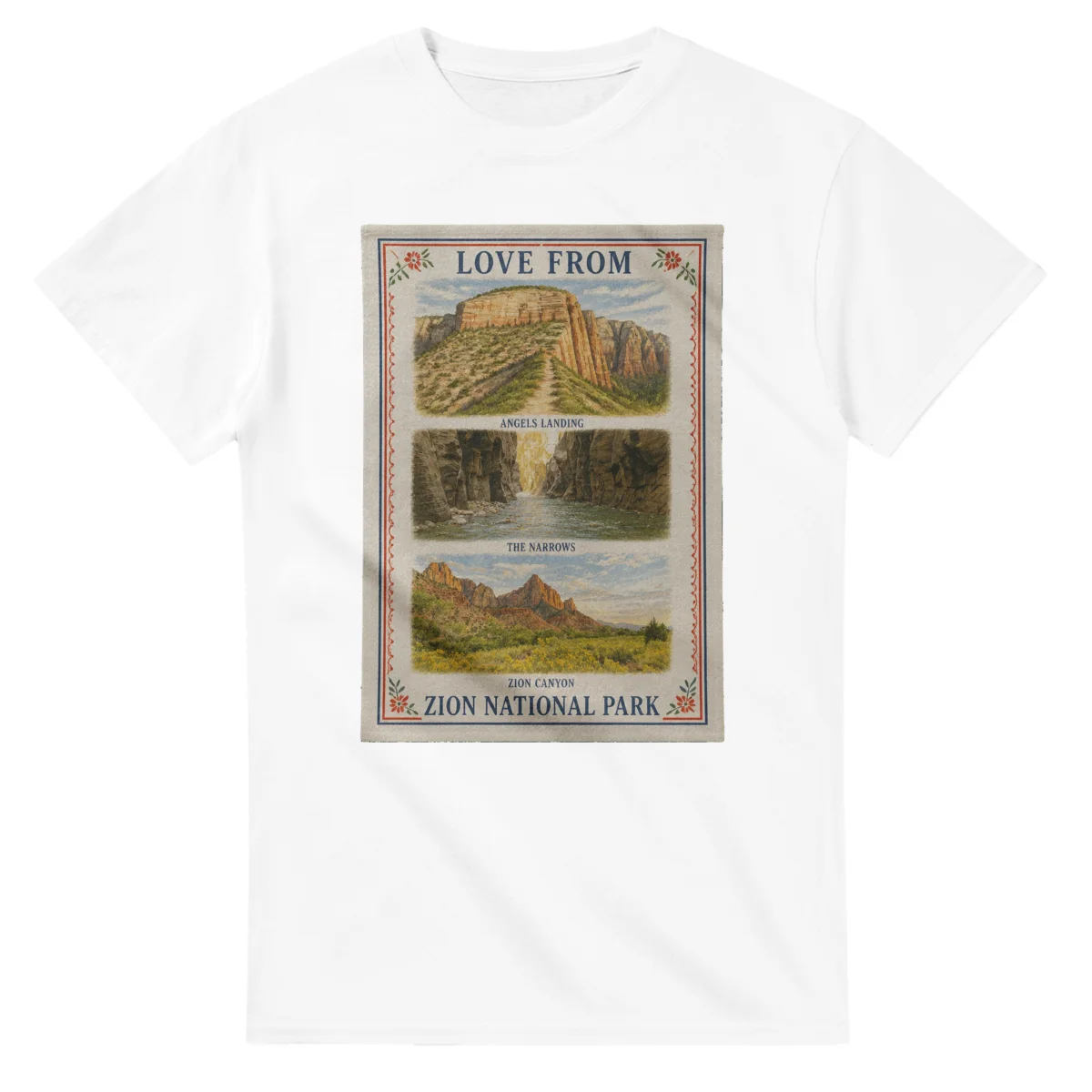Framed scenic design for Zion National Park, with several local views, a decorative border and LOVE FROM lettering.