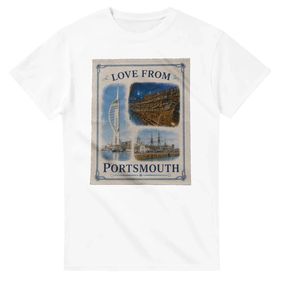 Framed scenic design for Portsmouth, with several local views, a decorative border and LOVE FROM lettering.