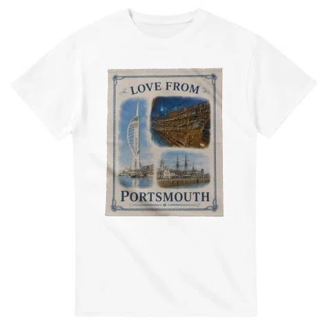 Framed scenic design for Portsmouth, with several local views, a decorative border and LOVE FROM lettering.