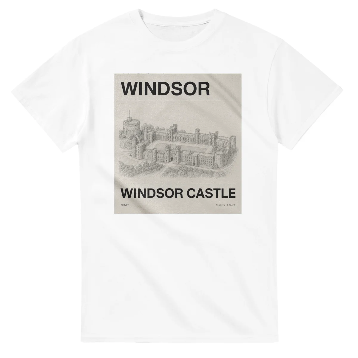 Fine-line engraving-style drawing for Windsor, with a landmark caption and small coordinate text.