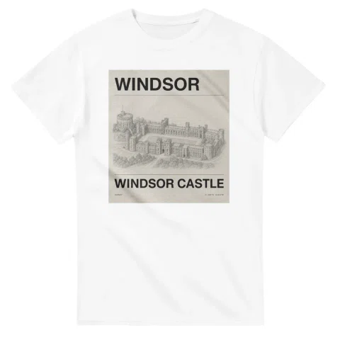 Fine-line engraving-style drawing for Windsor, with a landmark caption and small coordinate text.