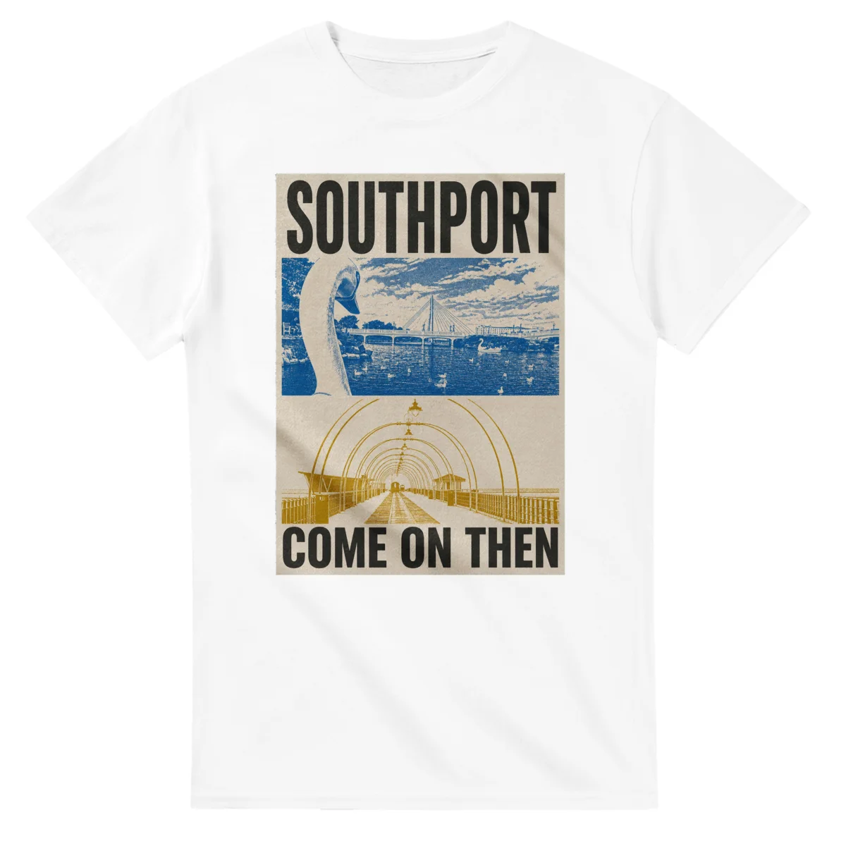 Two-colour scenic illustration for Southport, with the place name and COME ON THEN lettering.