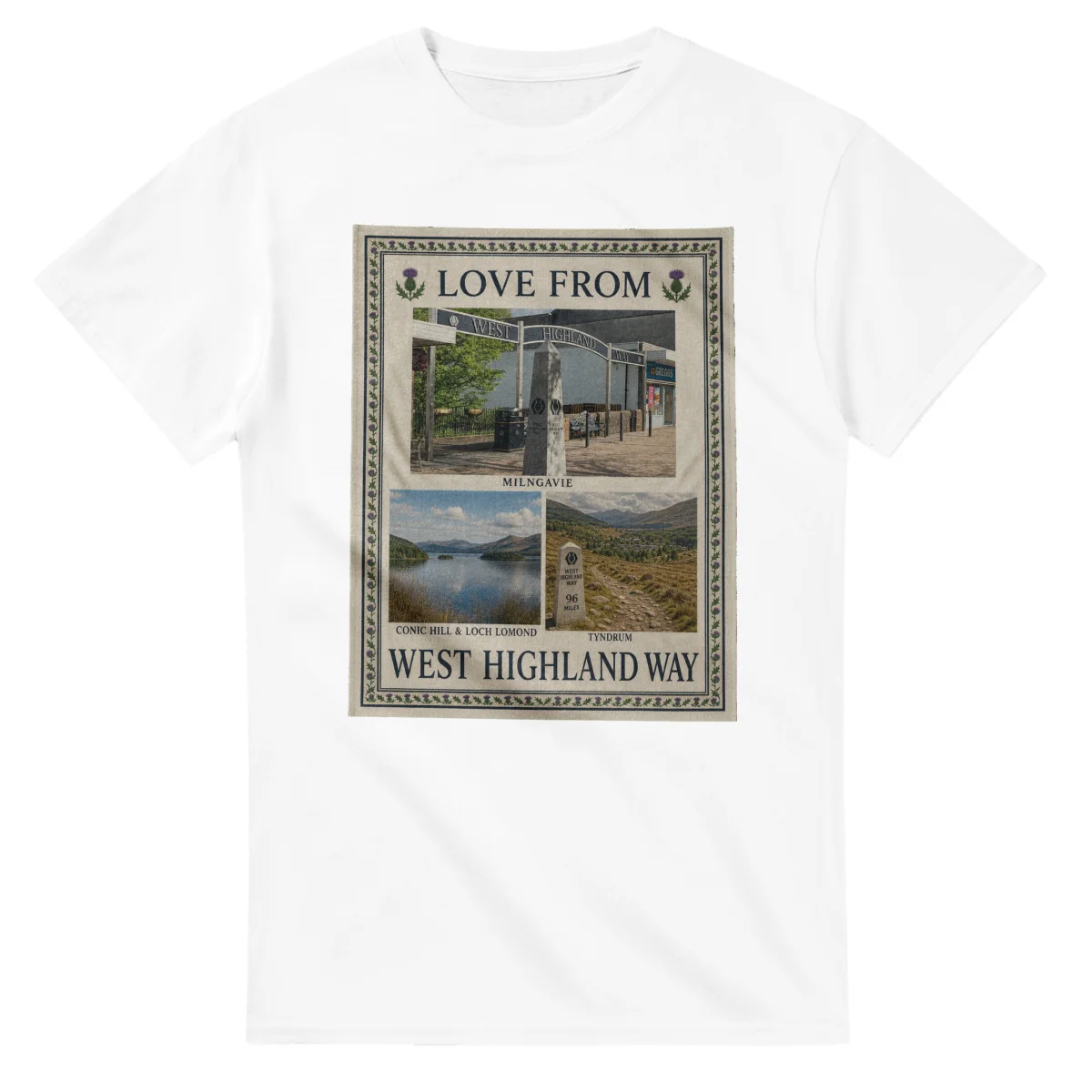 Framed scenic design for West Highland Way, with several local views, a decorative border and LOVE FROM lettering.