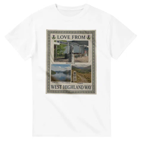 Framed scenic design for West Highland Way, with several local views, a decorative border and LOVE FROM lettering.
