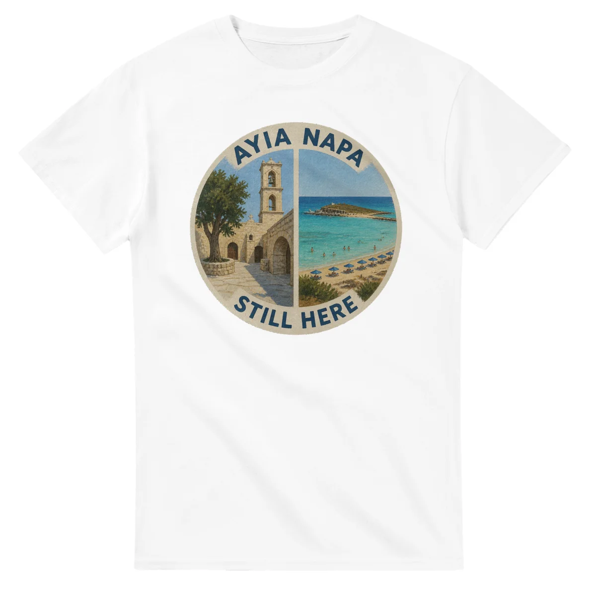 Painted, panelled scenic illustration for Ayia Napa, with paired local scenes and the place name in lettering.