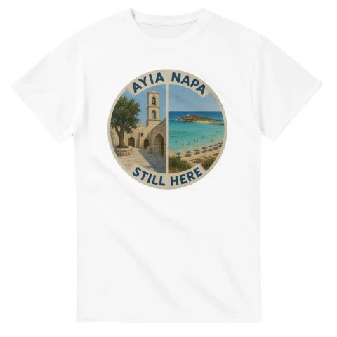 Painted, panelled scenic illustration for Ayia Napa, with paired local scenes and the place name in lettering.