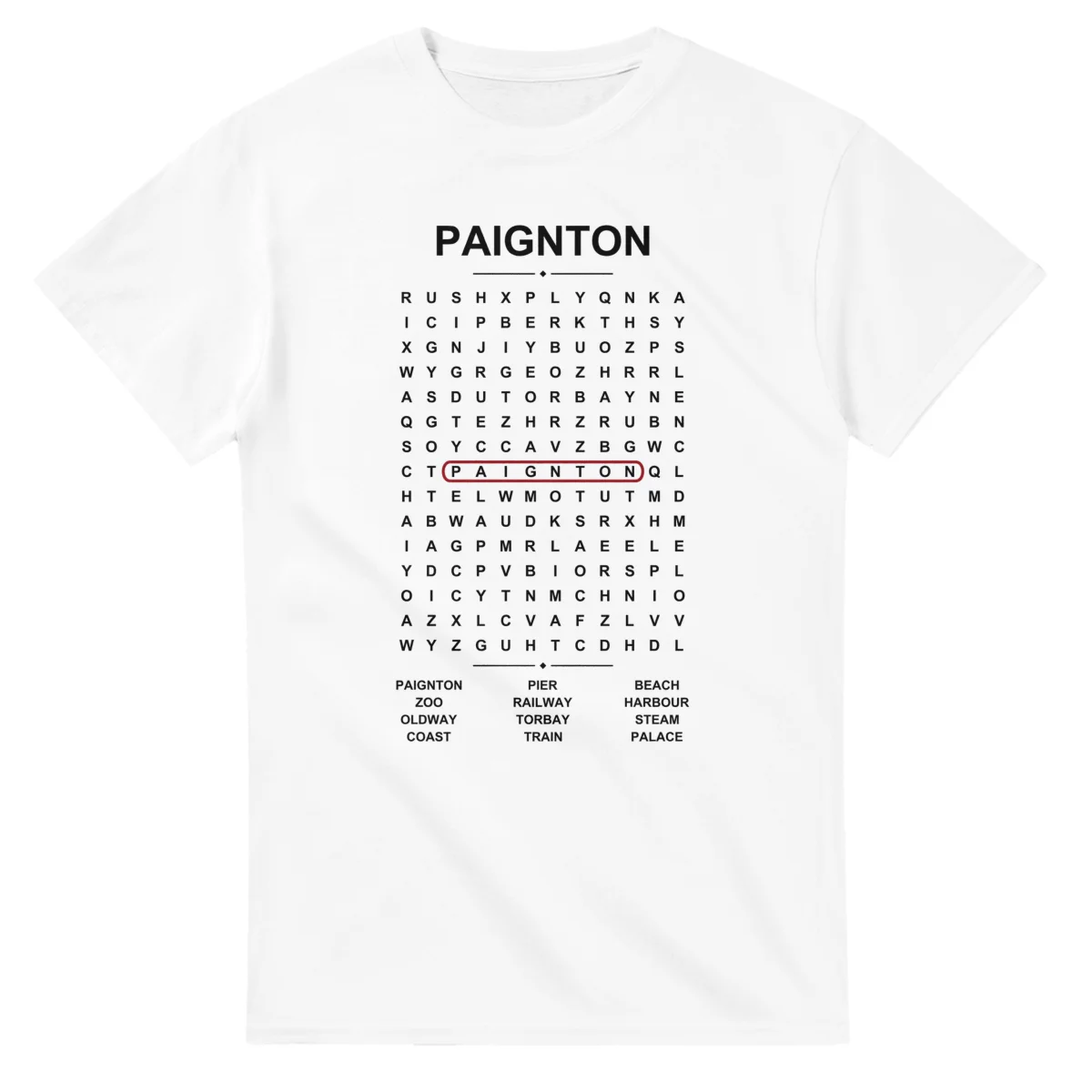Word-search sheet for Paignton, with a large place-name heading, a letter grid, a local answer list, and a red highlighted example word.