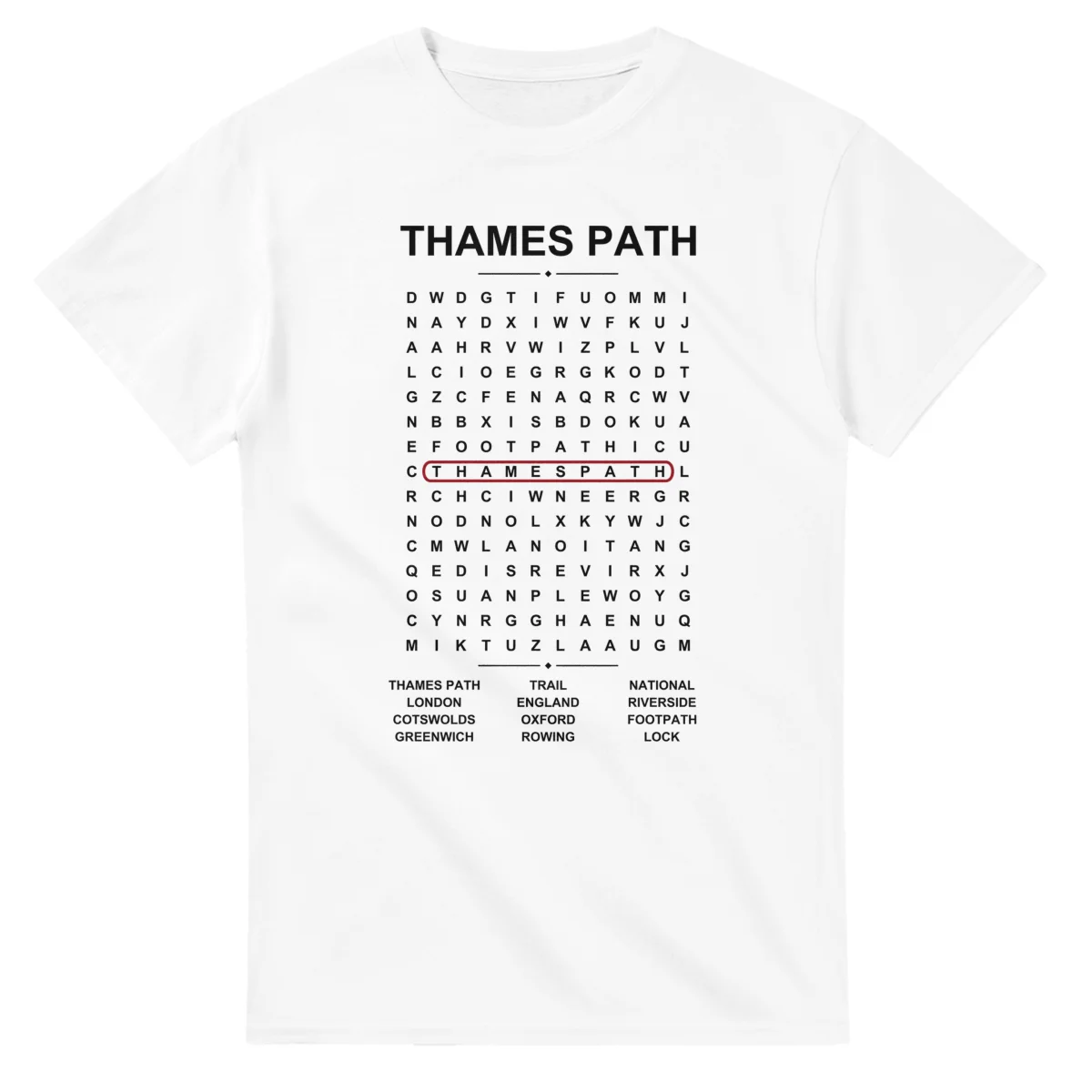 Word-search sheet for Thames Path, with a large place-name heading, a letter grid, a local answer list, and a red highlighted example word.