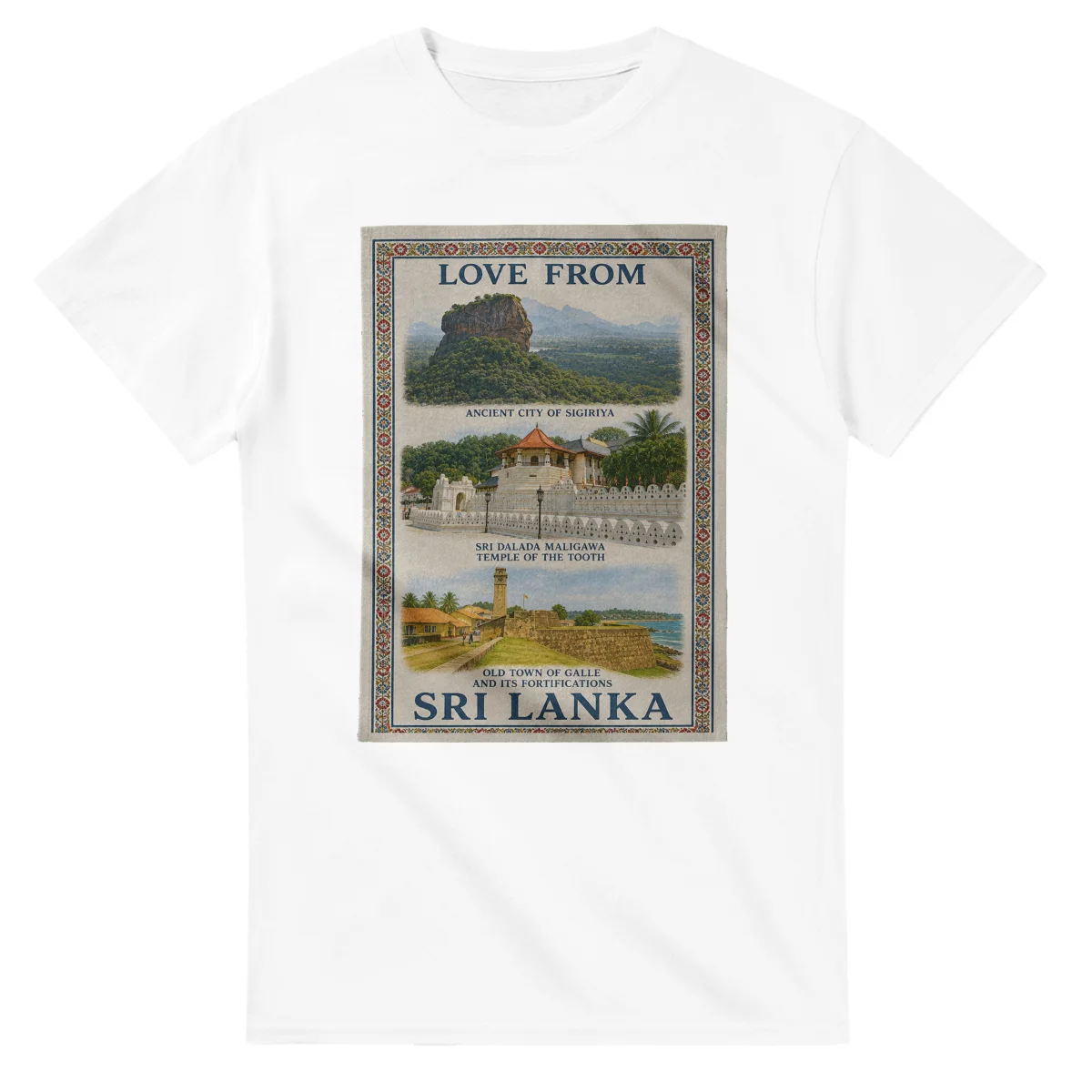 Framed scenic design for Sri Lanka, with several local views, a decorative border and LOVE FROM lettering.