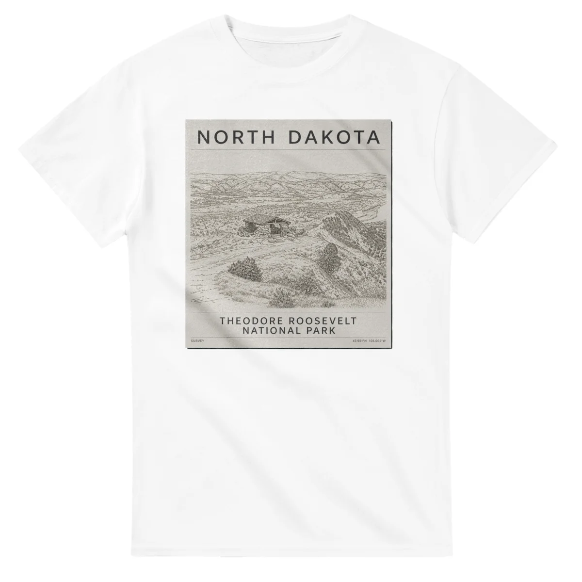 Fine-line engraving-style drawing for North Dakota, with a landmark caption and small coordinate text.