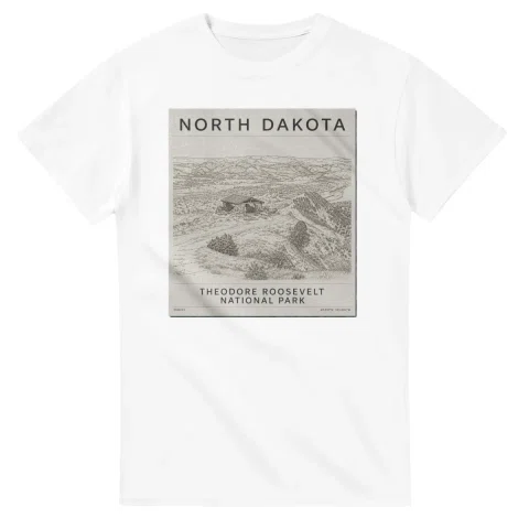 Fine-line engraving-style drawing for North Dakota, with a landmark caption and small coordinate text.
