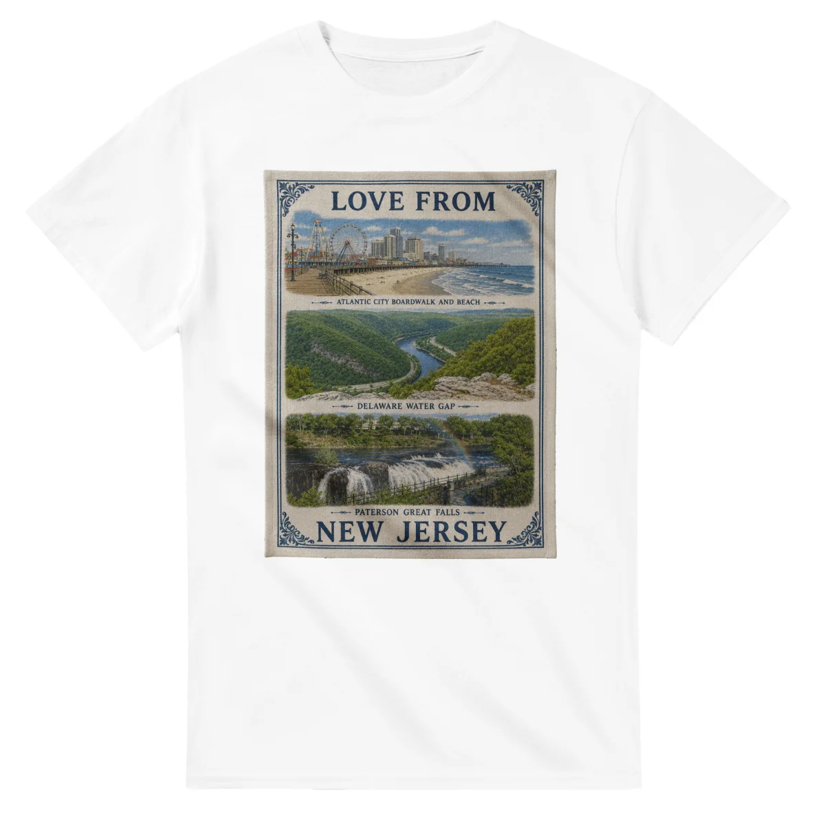 Framed scenic design for New Jersey, with several local views, a decorative border and LOVE FROM lettering.