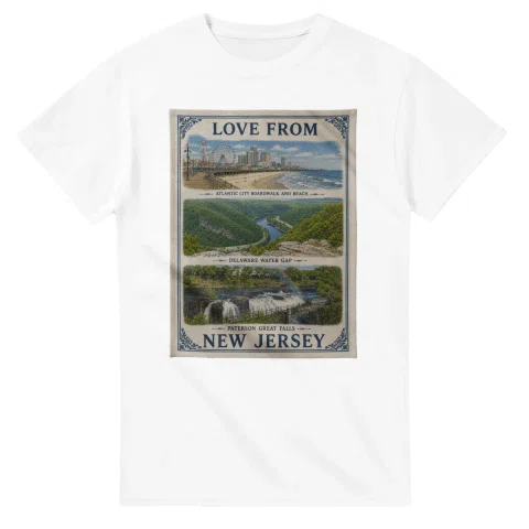 Framed scenic design for New Jersey, with several local views, a decorative border and LOVE FROM lettering.