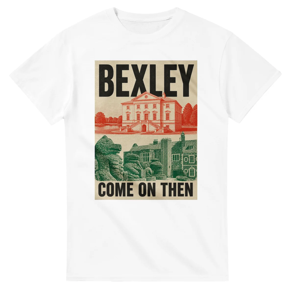 Two-colour scenic illustration for London Borough of Bexley, with the place name and COME ON THEN lettering.