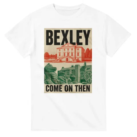 Two-colour scenic illustration for London Borough of Bexley, with the place name and COME ON THEN lettering.