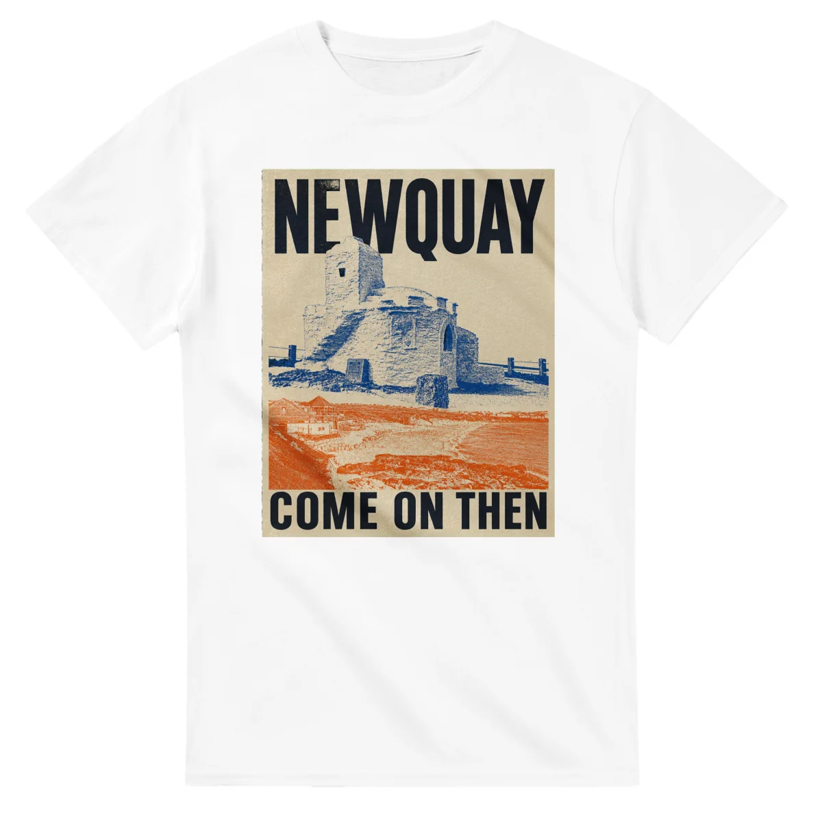 Two-colour scenic illustration for Newquay, with the place name and COME ON THEN lettering.