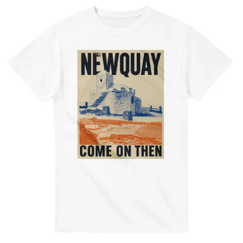 Two-colour scenic illustration for Newquay, with the place name and COME ON THEN lettering.
