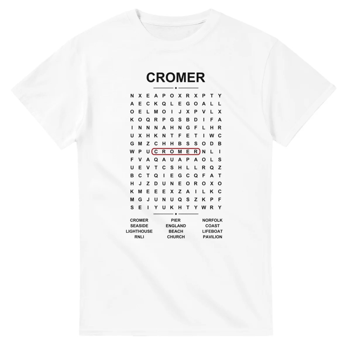 Word-search sheet for Cromer, with a large place-name heading, a letter grid, a local answer list, and a red highlighted example word.