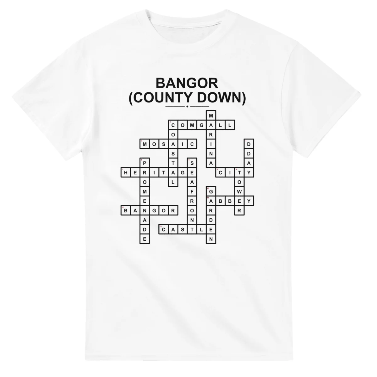 Monochrome crossword sheet for Bangor (County Down), with a large place-name heading, a letter grid, and numbered across and down clues.