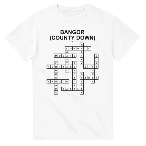 Monochrome crossword sheet for Bangor (County Down), with a large place-name heading, a letter grid, and numbered across and down clues.