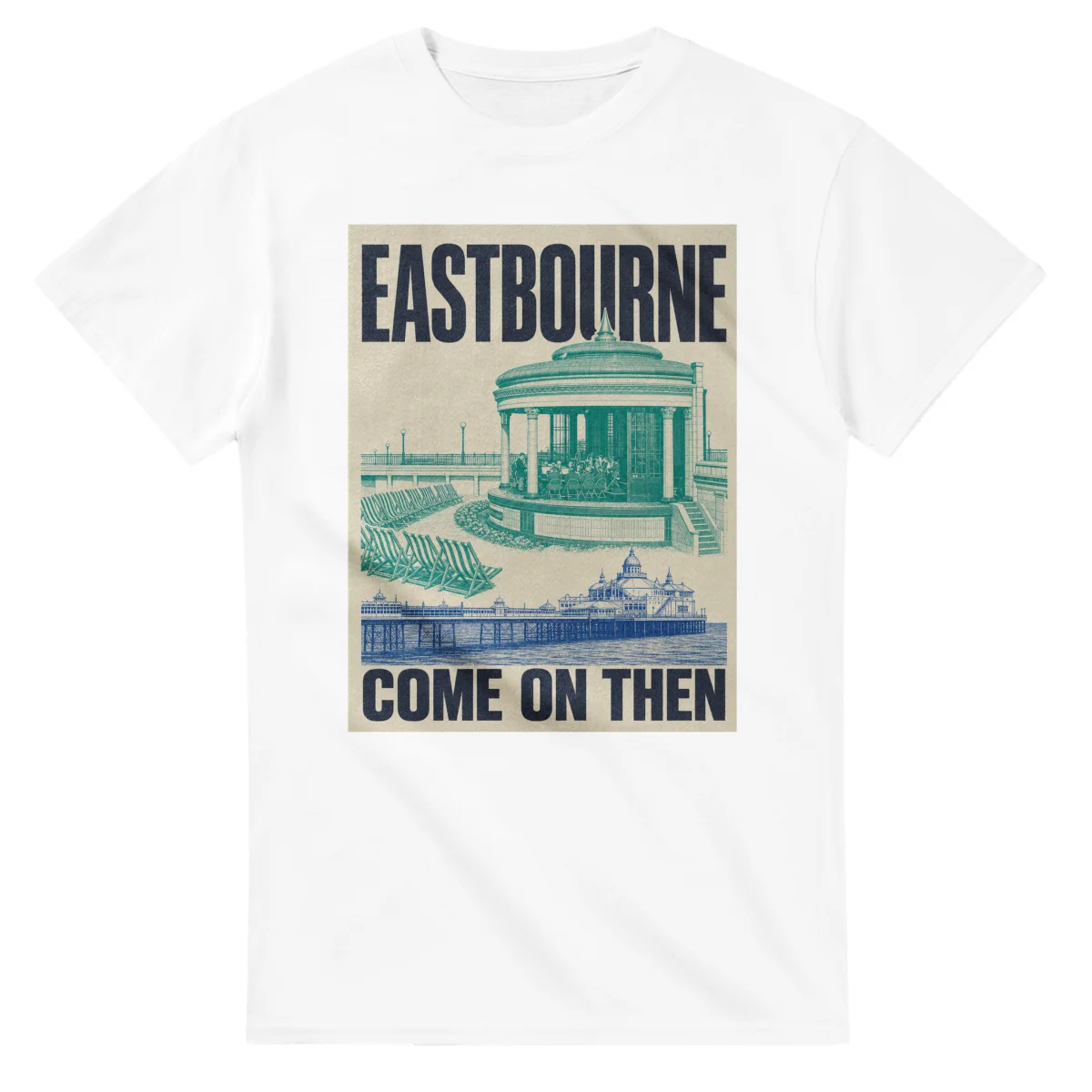 Two-colour scenic illustration for Eastbourne, with the place name and COME ON THEN lettering.