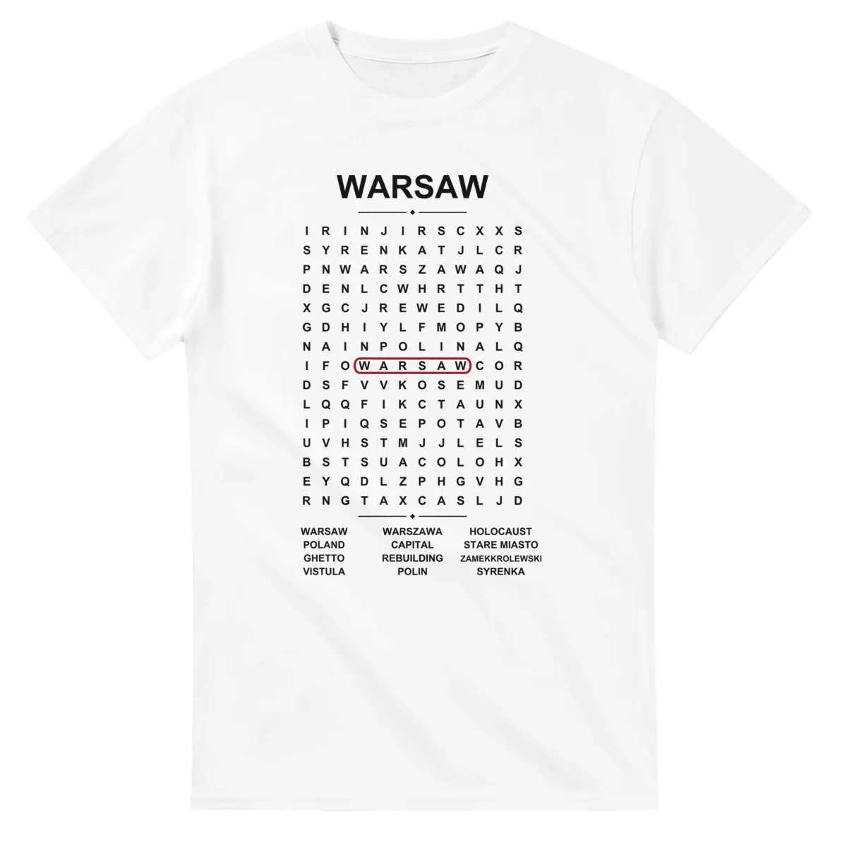 Word-search sheet for Warsaw, with a large place-name heading, a letter grid, a local answer list, and a red highlighted example word.