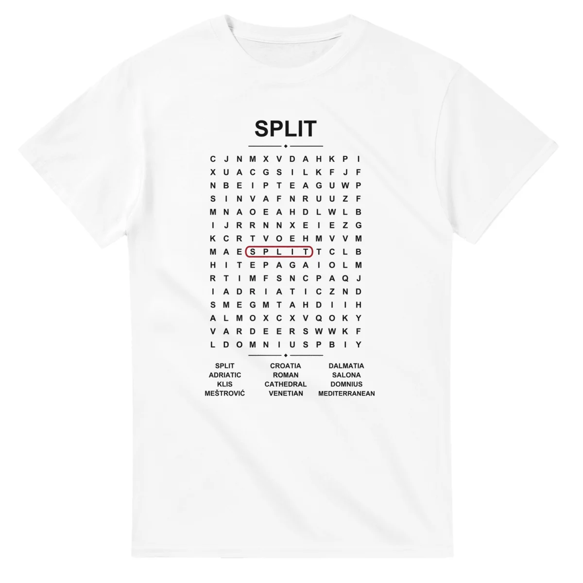 Word-search sheet for Split, with a large place-name heading, a letter grid, a local answer list, and a red highlighted example word.