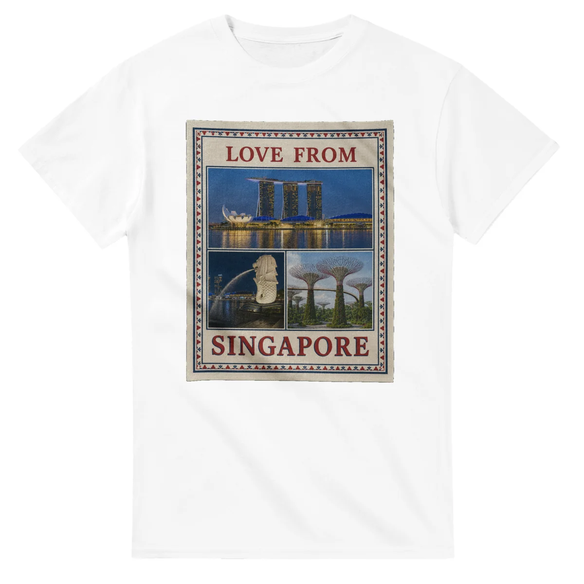 Framed scenic design for Singapore, with several local views, a decorative border and LOVE FROM lettering.