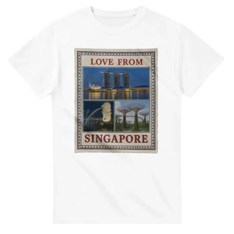 Framed scenic design for Singapore, with several local views, a decorative border and LOVE FROM lettering.