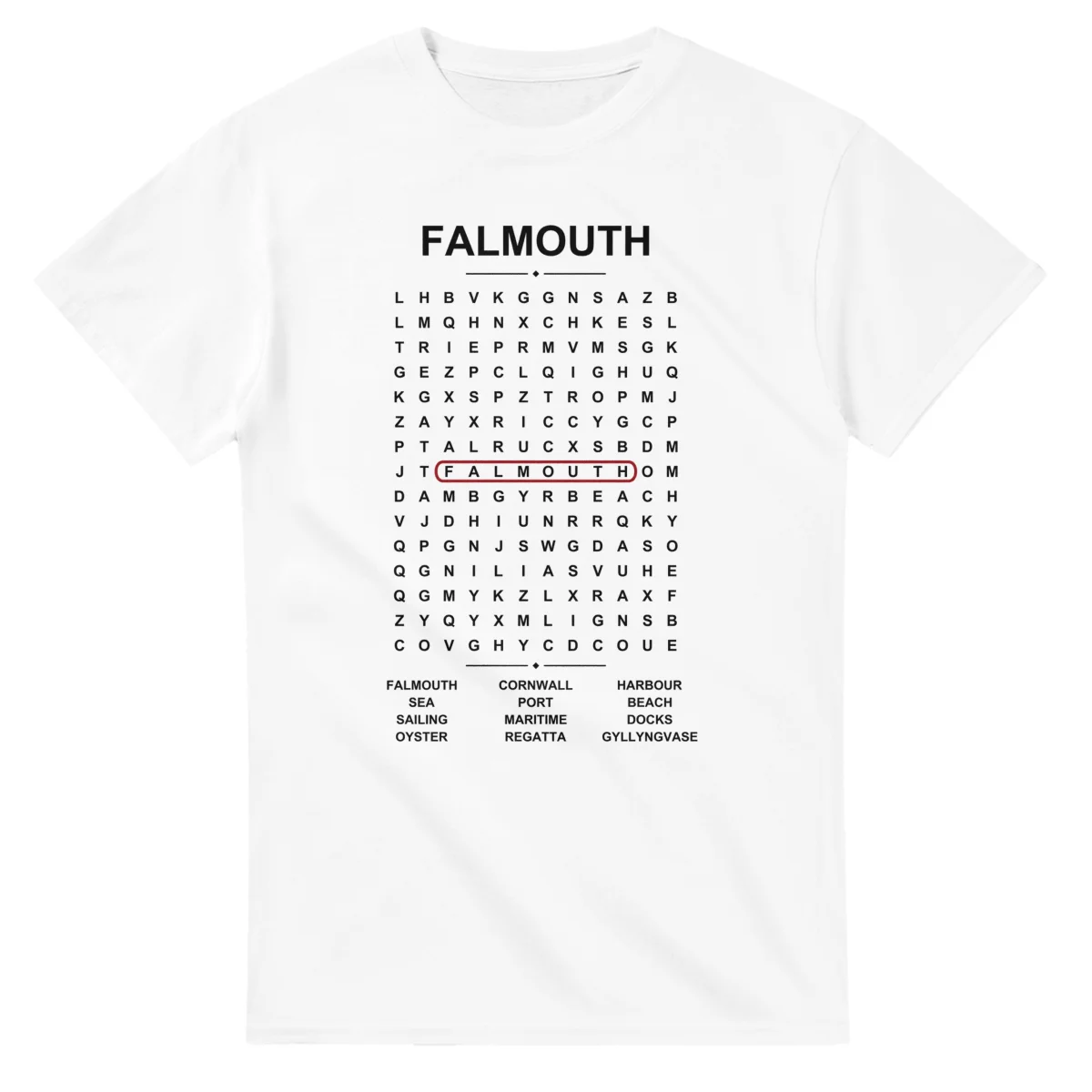 Word-search sheet for Falmouth, with a large place-name heading, a letter grid, a local answer list, and a red highlighted example word.