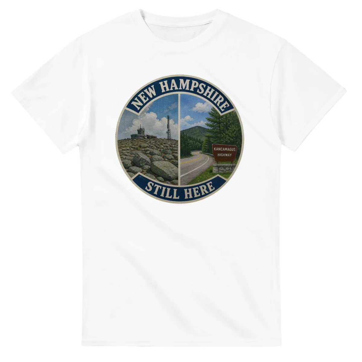 Painted, panelled scenic illustration for New Hampshire, with paired local scenes and the place name in lettering.
