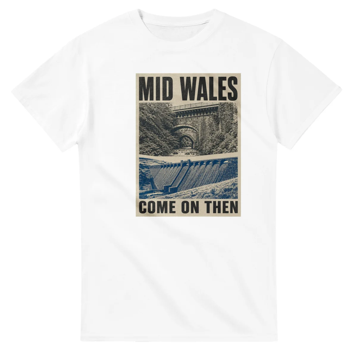 Two-colour scenic illustration for Mid Wales, with the place name and COME ON THEN lettering.