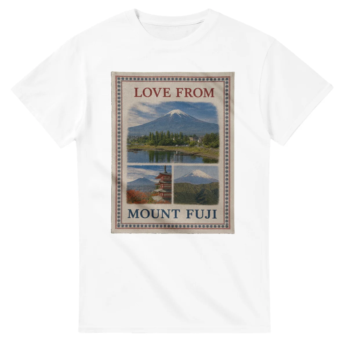 Framed scenic design for Mount Fuji, with several local views, a decorative border and LOVE FROM lettering.