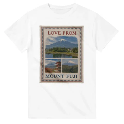 Framed scenic design for Mount Fuji, with several local views, a decorative border and LOVE FROM lettering.
