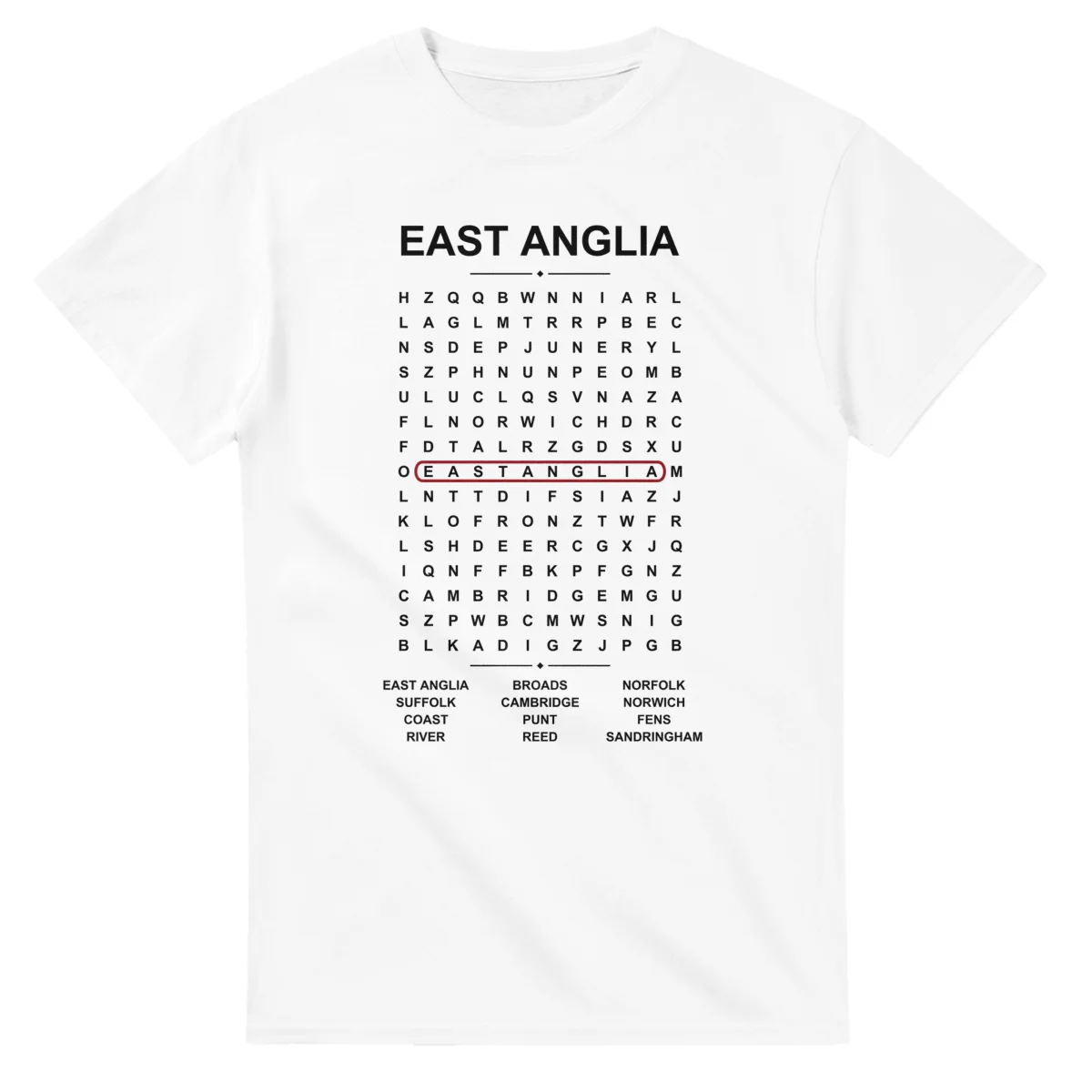 Word-search sheet for East Anglia, with a large place-name heading, a letter grid, a local answer list, and a red highlighted example word.