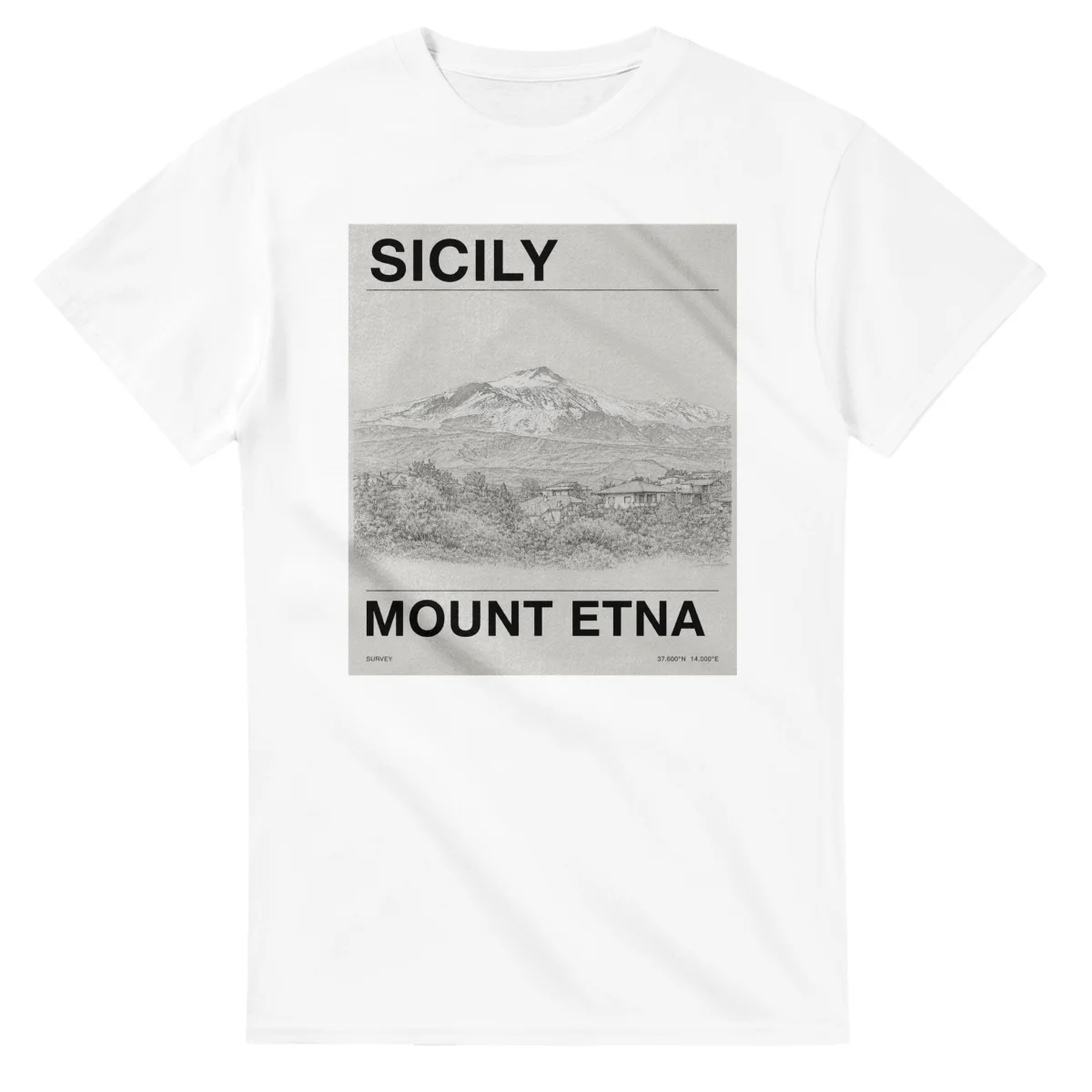 Fine-line engraving-style drawing for Sicily, with a landmark caption and small coordinate text.