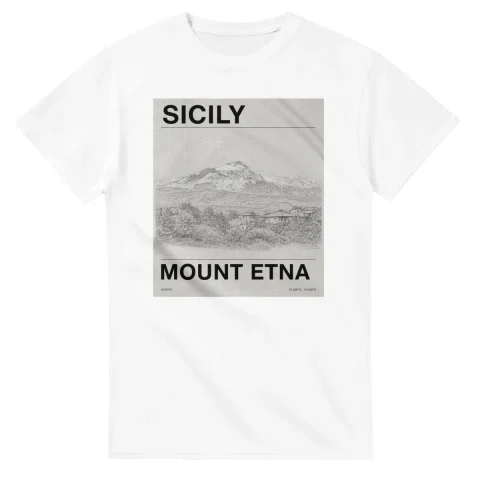 Fine-line engraving-style drawing for Sicily, with a landmark caption and small coordinate text.
